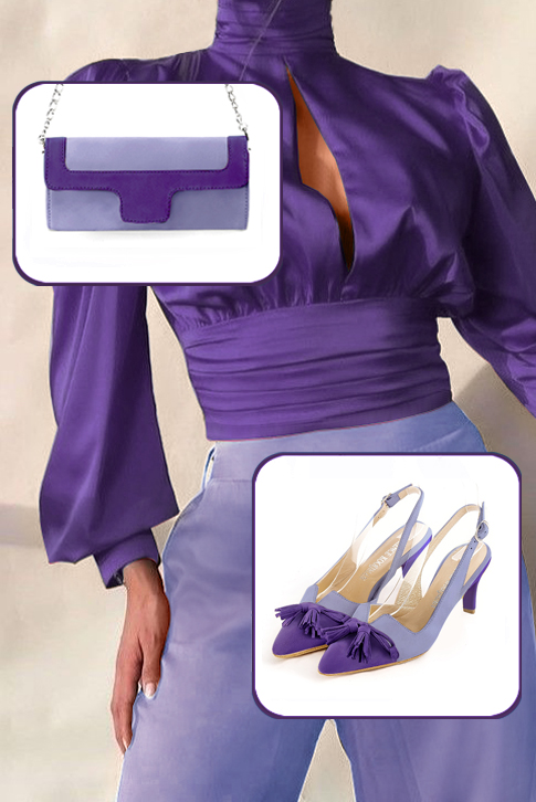 Women's violet purple and lavender purple elegant slingback heels, with a bow on the front. Tapered toe. Medium slim heel - Top view
